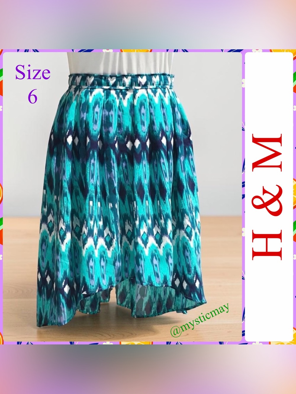 New H&M Aqua Blue Teal Multicolor Ikat Tribal Print Hi-Lo Hem Skirt Size 6 or S